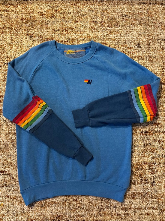 Aviator Nation Tops - Rare Aviator Nation Blue Crewneck Sweatshirt with Rainbow Sleeve Stripes